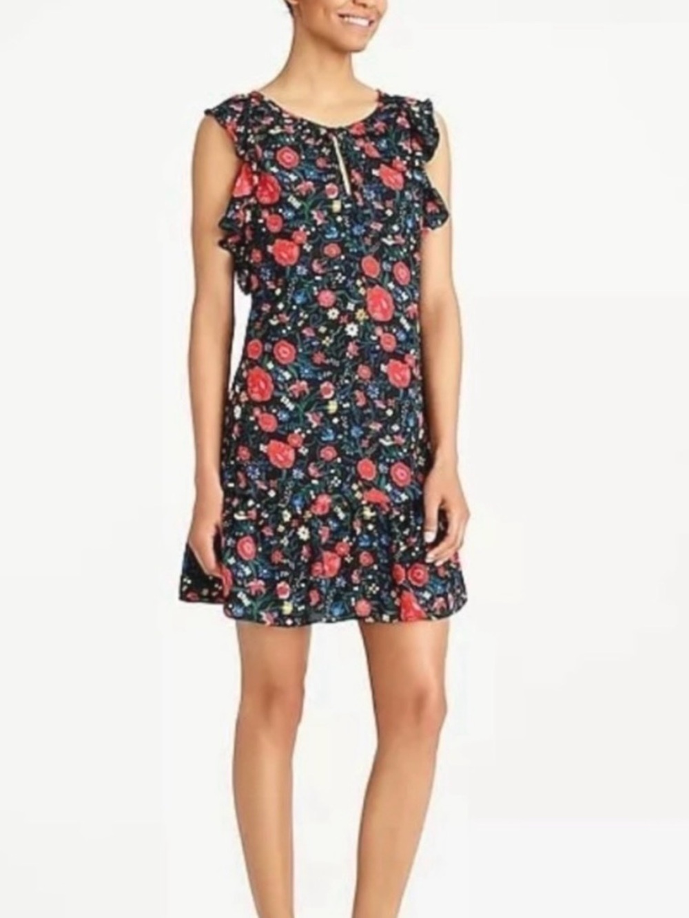 J. Crew Black Sleeveless Mini Dress with Red Floral Print